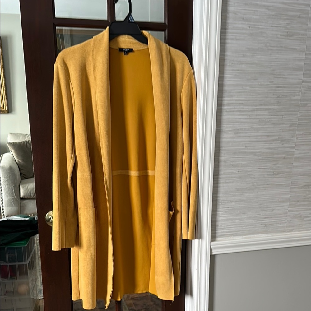 Long suede like mustard colored jacket size Large. AMAZING over outfits!!